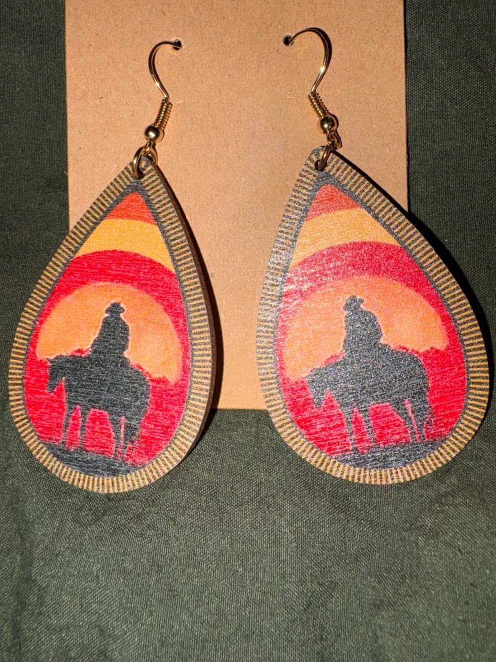 Sunset Cowboy Teardrop Wooden Earrings - Red, Orange, Black